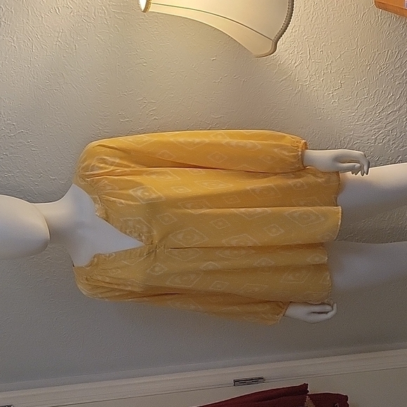 3/$30 SIONI Yellow Geometric Ikat Split Neck Poet Blouse - Picture 2 of 9